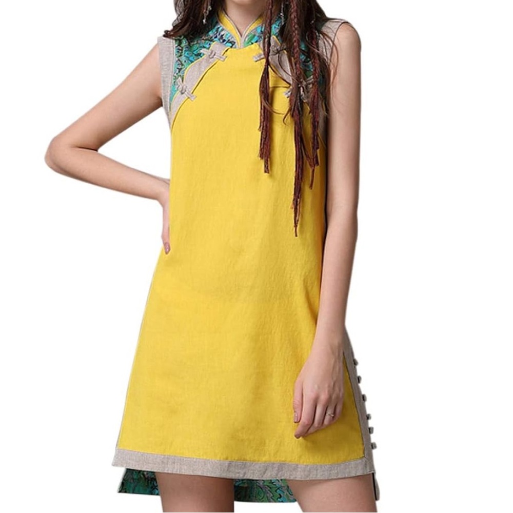 artka Sleeveless Green and Yellow Tunic Mini Traditional Dress